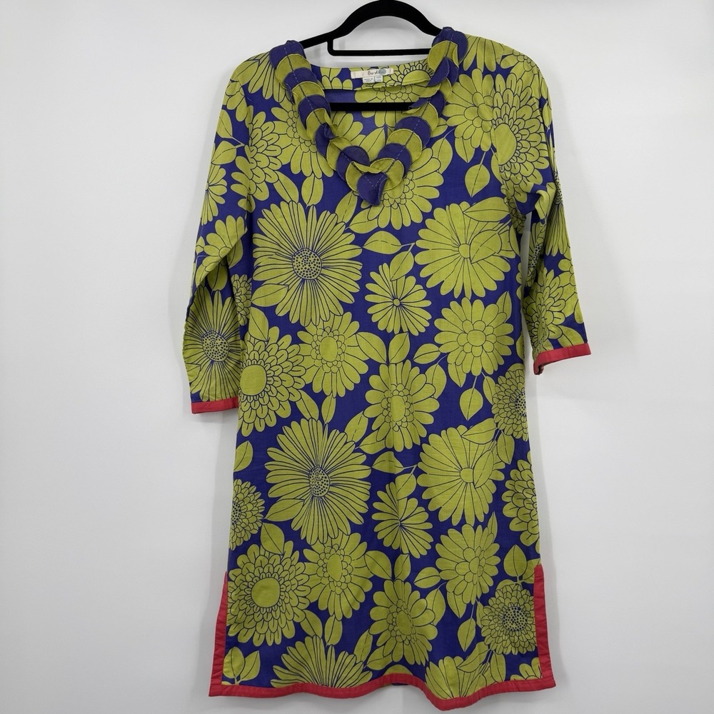 Boden Dress Womens 6 Blue Green Floral Pull Over Cotton Light Weight Tunic Dress